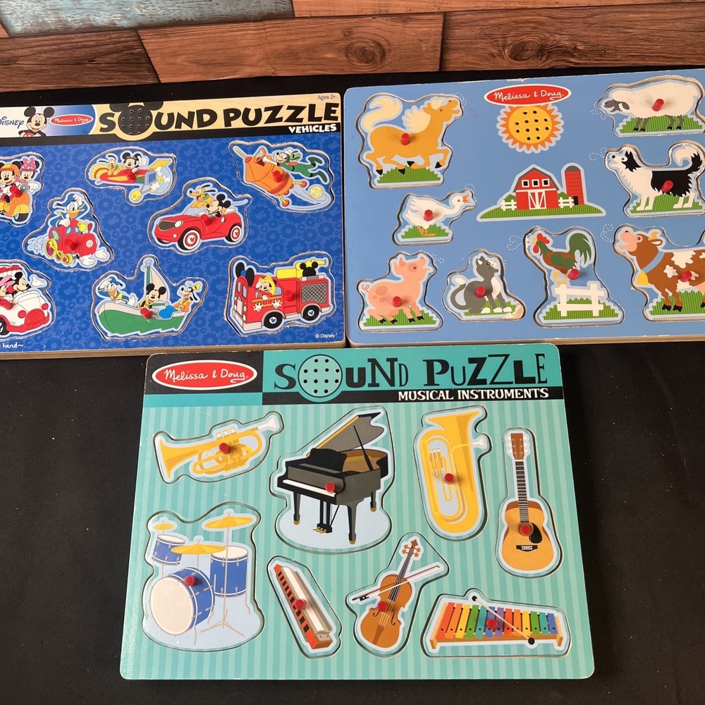 Melissa & Doug 8 Musical Instruments Wooden Sound Puzzles Mickey Farm Animals